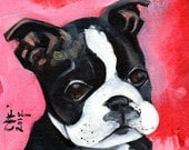Boston Terrier Dog Art - Little Rascal - Matted 5 x7" Art Print - Cute Boston Terrier Puppy Art