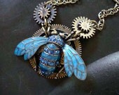 Steampunk Industrial Necklace, Jeweled Bug Pendant, Gears and Chain, Royal Rhinestones