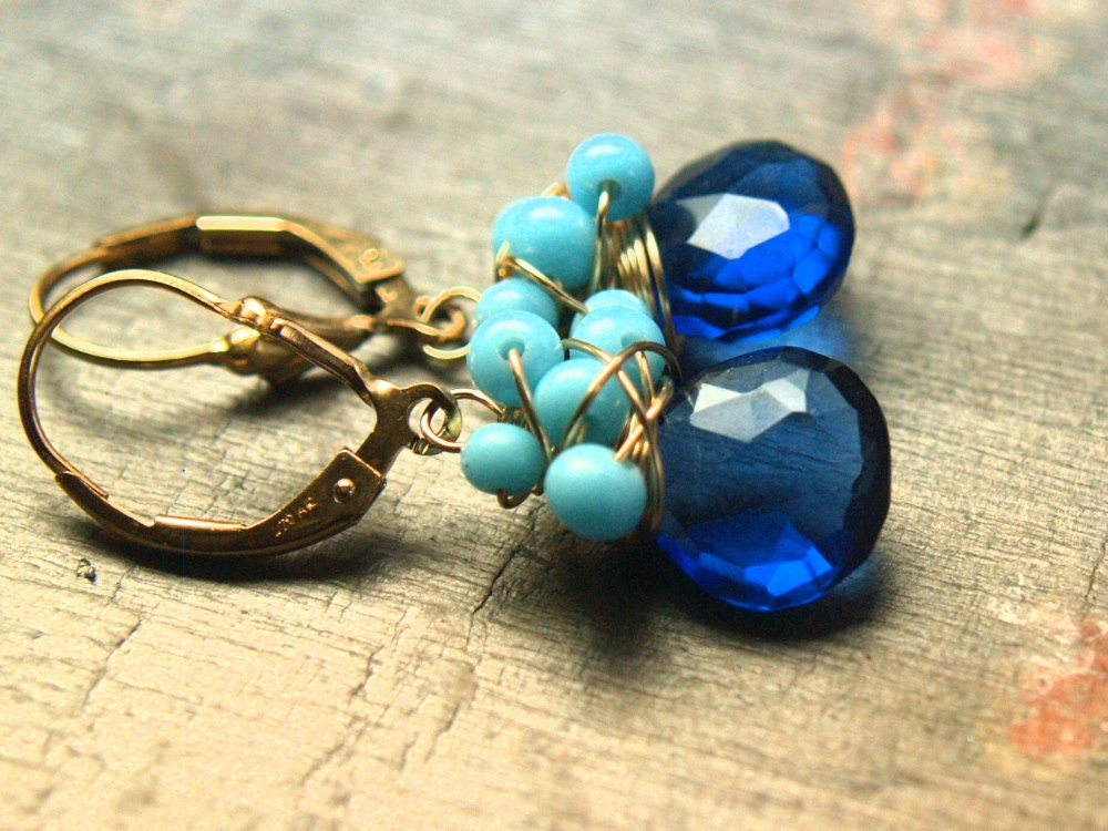 Sapphire Blue Quartz Turquoise Vintage Bead and Gold Dangle Earrings  Gifts under 50 dollars