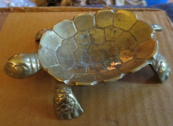 Vintage Adorable Brass Turtle Ashtray Coin By Theblackcatcloset