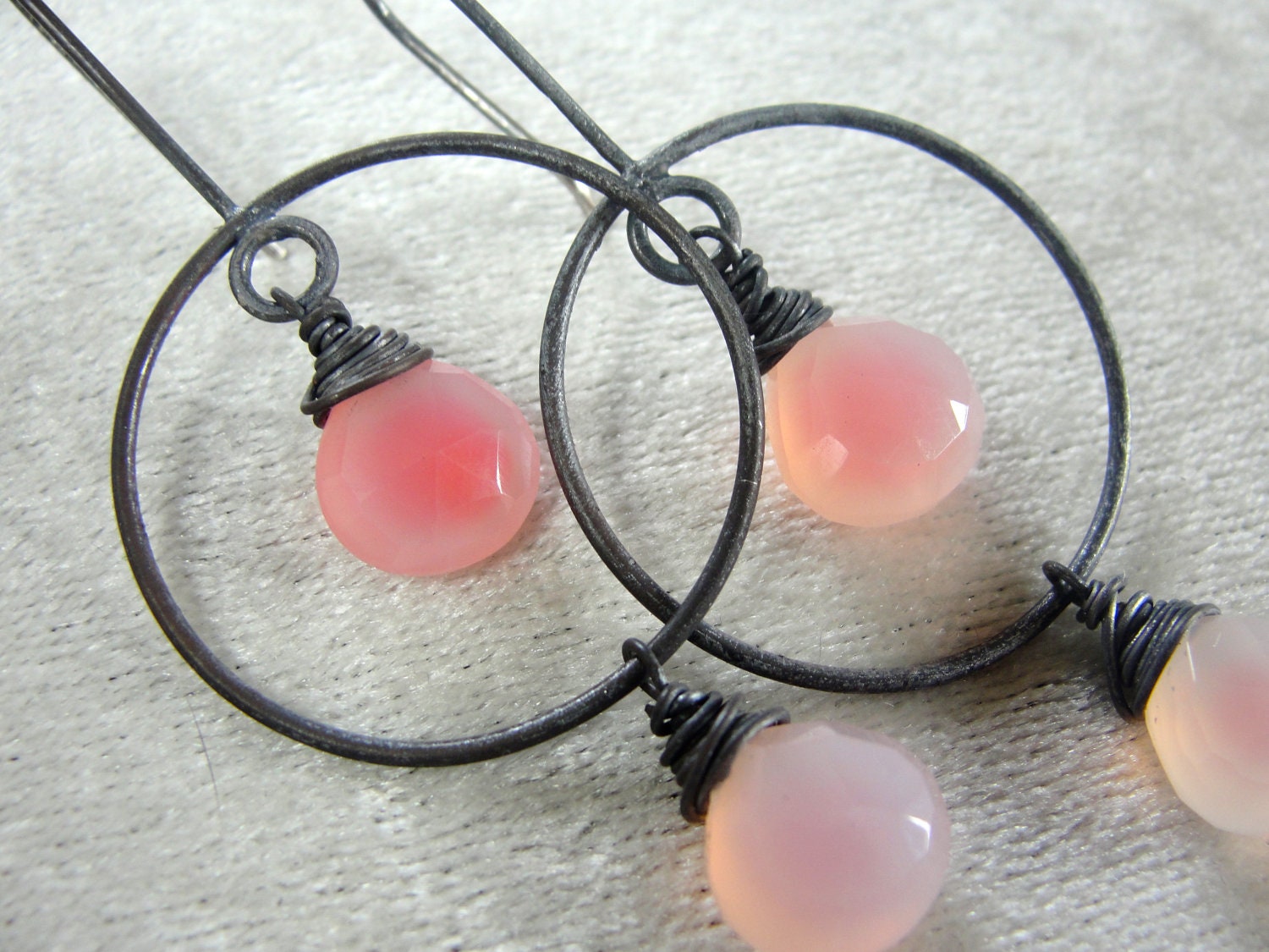 Oxidized Sterling Silver Pink Chalcedony Briolette Earrings