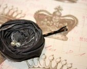 Charcoal gray silk flower bobby pin, rolled rosette fabric flower bobby pin in charcoal gray silk, perfect for bridesmaids hair