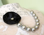 Black and Gray statement necklace, Gray pearl bead and black fabric flower bridesmaid necklace