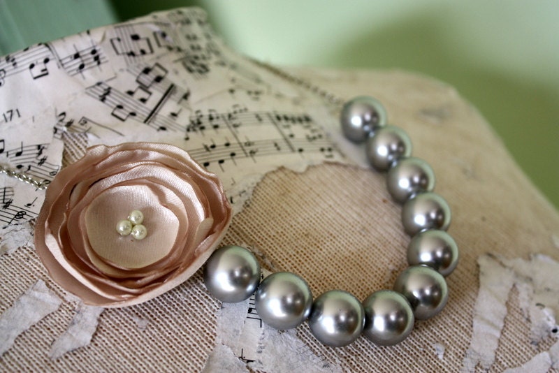 Cream and Gray statement necklace, Gray pearl bead and cream fabric flower bridesmaid necklace