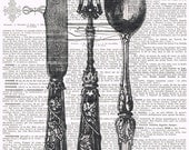 Cutlery.Utensils. Silverware,Antique book page print. Fork.Knife.Spoon, buy 3 get 1 FREE, chef, cook, birthday.kitchen decor.fathers day.mom