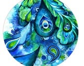 Peacock Feather Pocket Mirror - Abstract Watercolor Fantasy Painting - Nature Inspired Bird Art