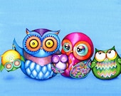 Owl Family Portrait - Funny Family Photo - NEW Owl Illustration Print by Annya Kai - Modern Colorful Owl Art