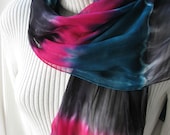 Hand Dyed Silk Scarf- Fuschia, teal and black scarf-striped scarf -tie dyed scarf-womens scarf-multicolor scarf