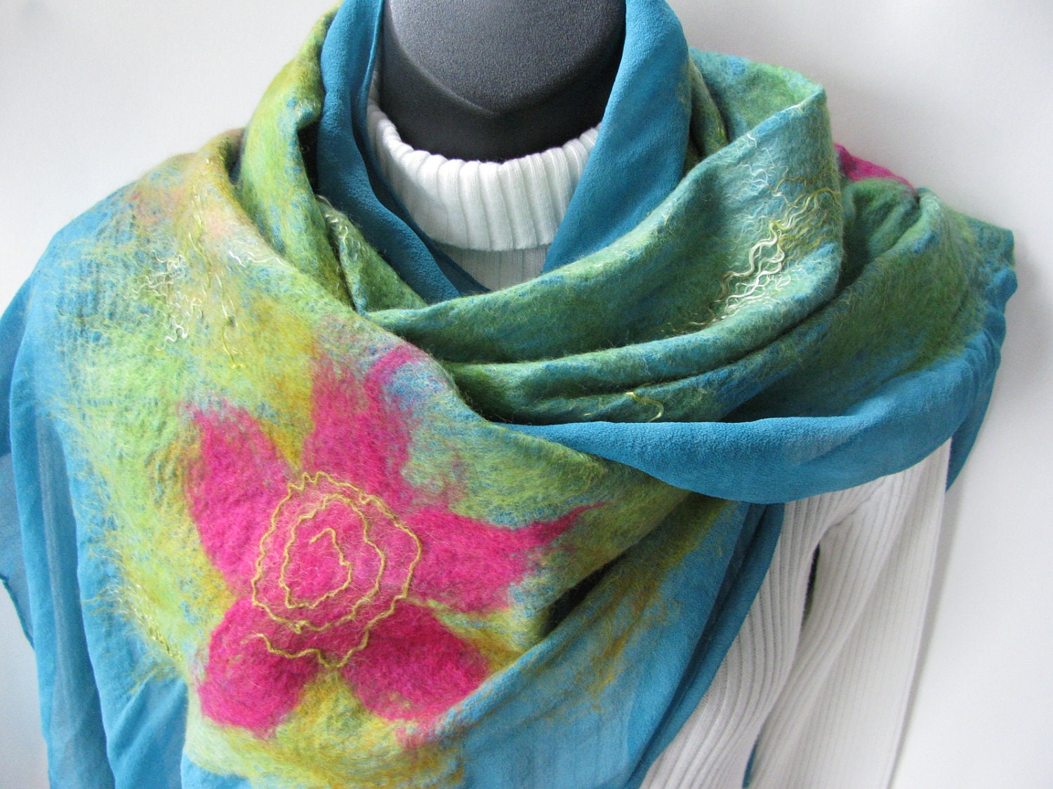 Nuno Felted scarf- silk scarf wool scarf -Swirly Flowers- Womens Scarves-Floral Fashion Scarf Green Scarf