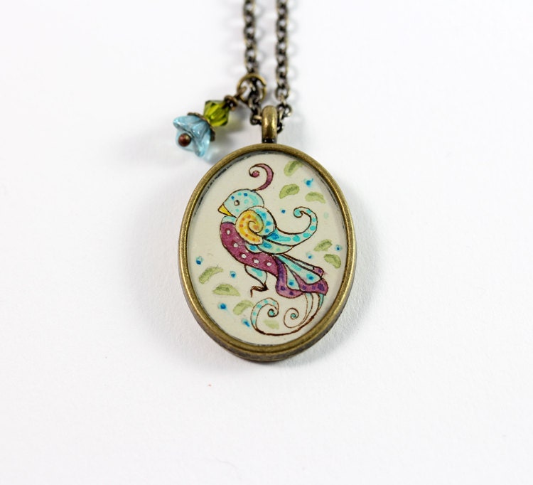 Red and Blue Bird Hand Painted Necklace