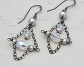 Vintage Crystal and Pink Pearl Oxidized Sterling Silver Chandelier Earrings - Bohemian Shabby Chic