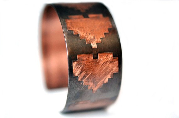 8 Bit Hearts Etched Copper Cuff Bracelet