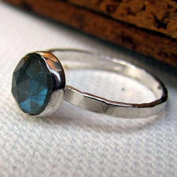 labradorite ring solitaire stacking ring sterling silver hammered band Custom made
