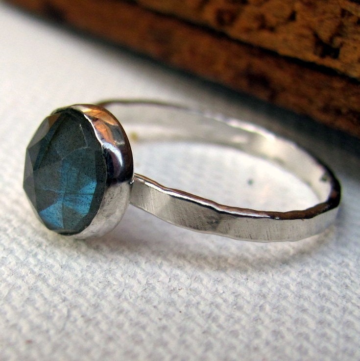 labradorite ring solitaire stacking ring sterling silver hammered band Custom made