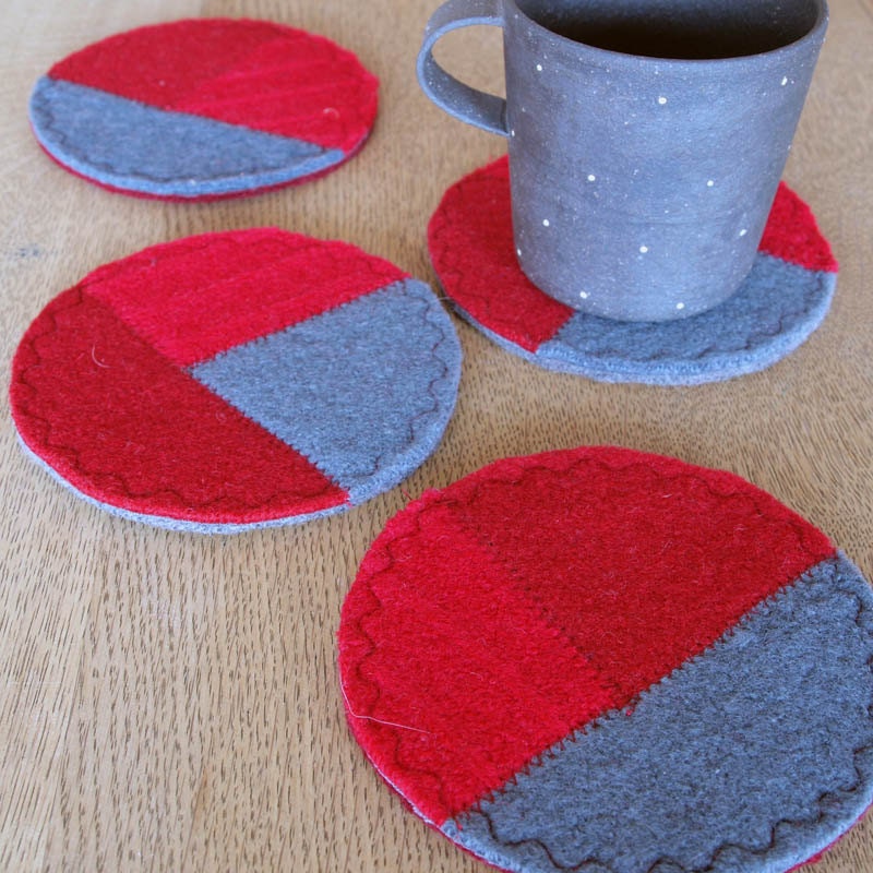 Felted Wool Drink Coasters  Upcycled Felt Coasters Recycled Sweater- Set of Four- Reds and Grey