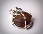 Genuine Brown Lake Erie Seaglass & Silverplated Wire Wrapped Pendant
