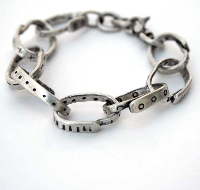 Sterling Silver Large Link Bracelet Heavy Chain Recycled Silver Tribal Pattern - Fork It Over III