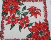 Vintage Poinsettia Christmas Handkerchief FREE SHIPPING - VintageShop