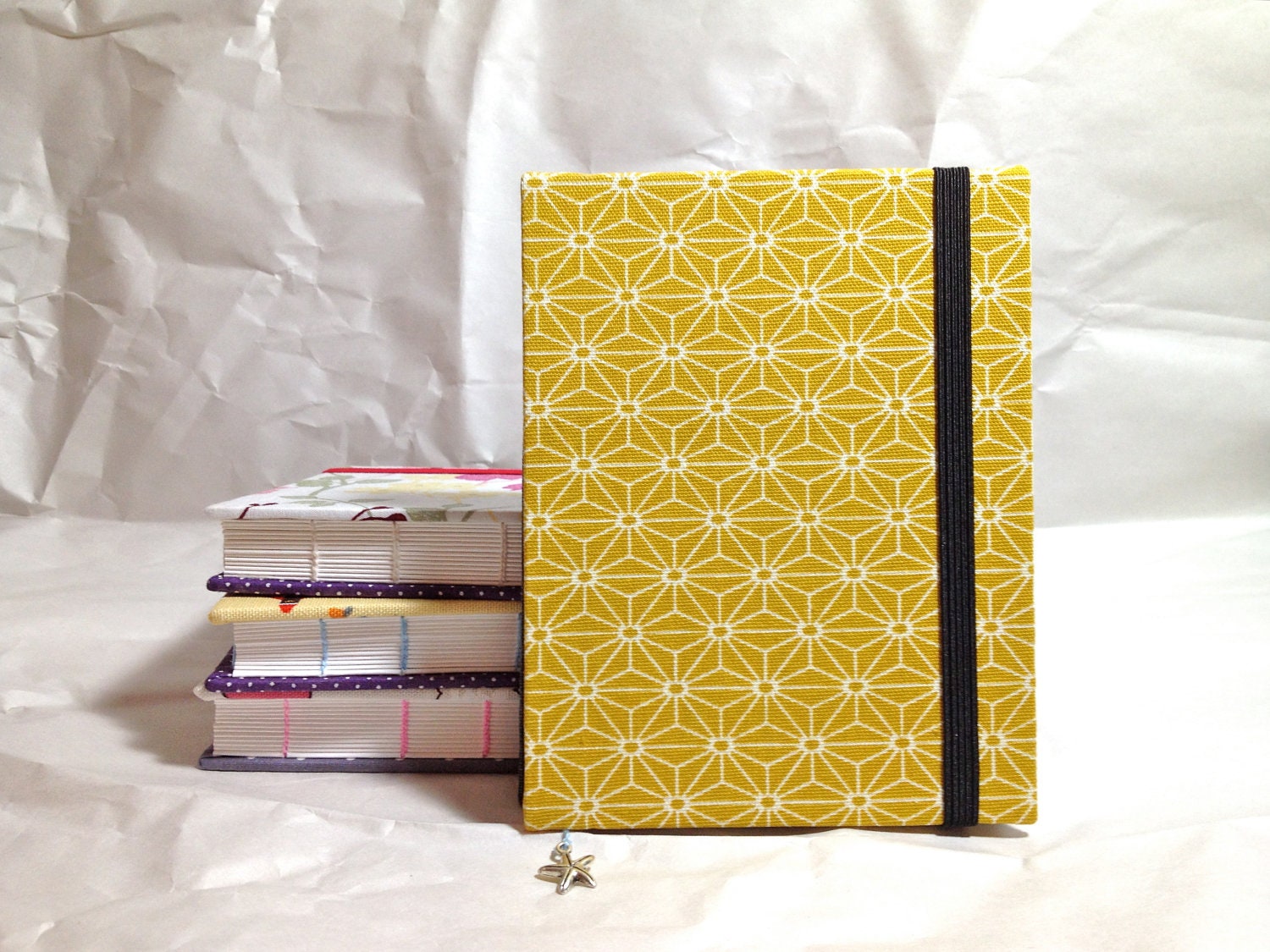 Coptic Stitch Handmade Journal with Elastic Band and Bookmark - Gold Asanoha 2