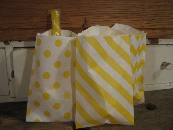 Yellow Paper Bags -- Party Favor, Goody, Gift -- set of 12 -- 2.75 X 4 - dots, stripes, chevron Il_570xn