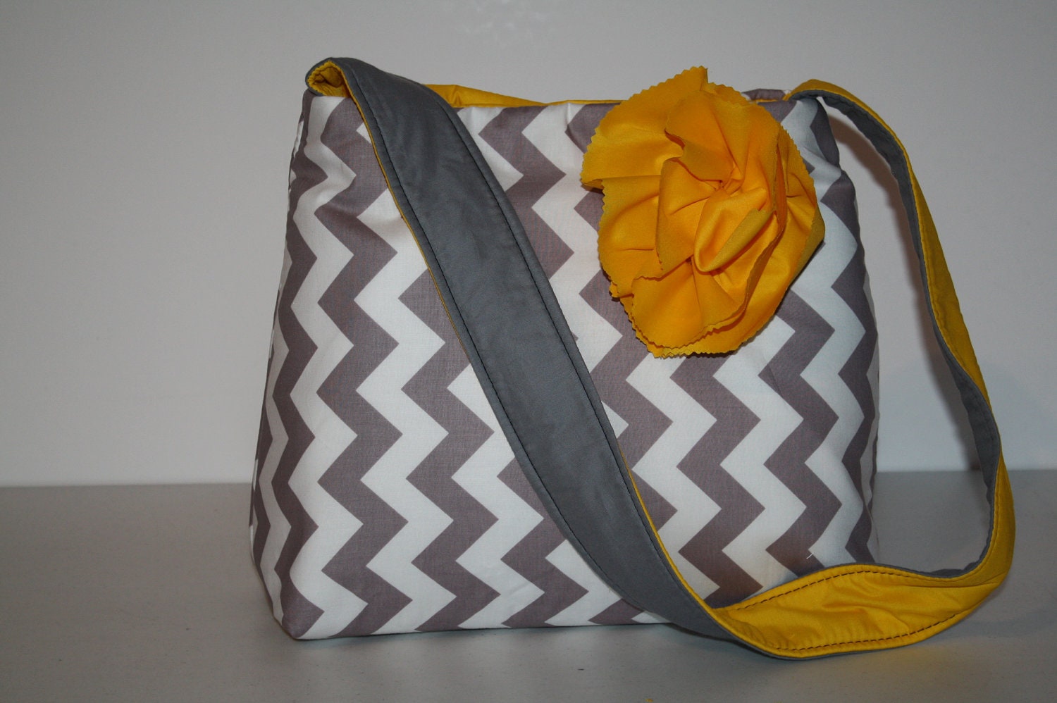 Diaper Bag Book Purse Tote Shoulder Bag Handbag  Hobo MARKET BAG more pockets Grey Chevron Yellow Flower XcessRize Designs