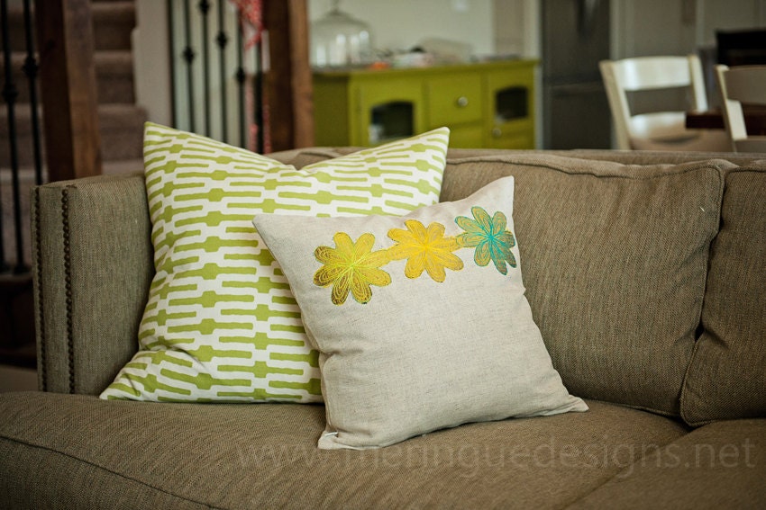 SALE Spirograph Flowers in Chartreuse Linen Pillow Cover 18x18 inch