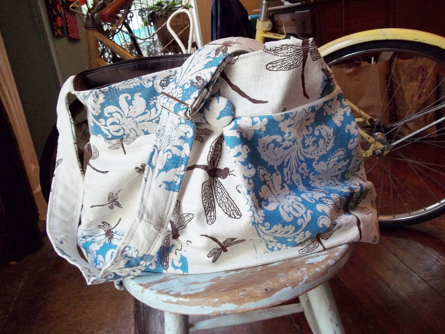 Extra Deep Diaper Bag - 6 Pockets - Key Fob - Adjustable Strap - Hard Bottom - Dragonflies