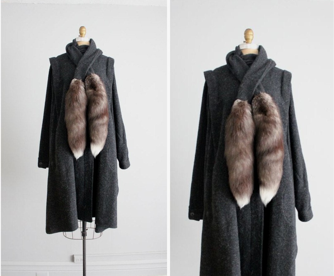 1980s vintage foxtail gray wool cape coat
