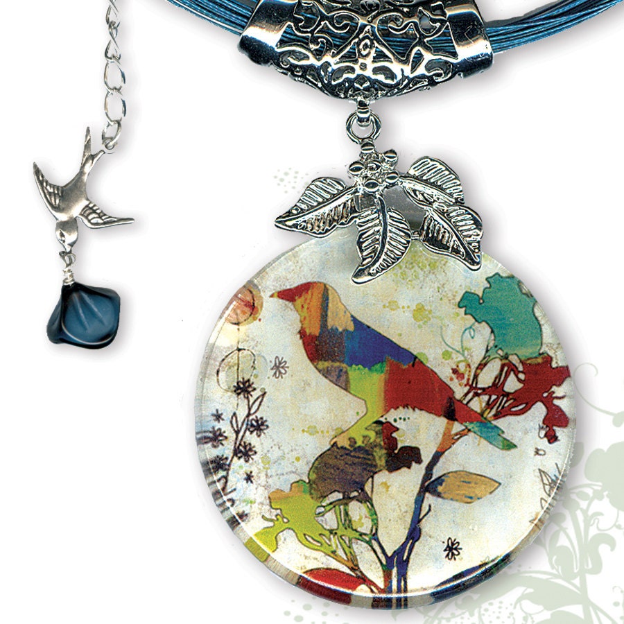 The Artful Bird Glass Necklace - BOTANCIALZ Collection by Tzaddishop - Reversible Glass Art Jewelry