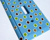 Hand Painted Light Switch Plate Cover: Blue, Green, Tan, and Brown Polka Dots