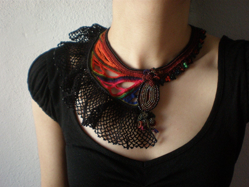 Tubastrea Faulkneri  ... Freeform Crochet Beaded Necklace - Black Red Burgundy Brown Pink Blue Green - Statement Necklace