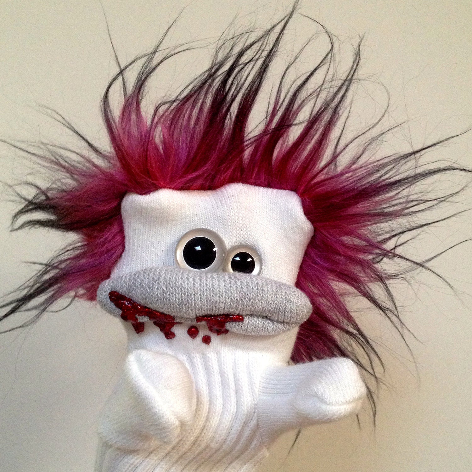 Doohickey Jones- A Sock Zombie Puppet with Pink Hair and White Eyes