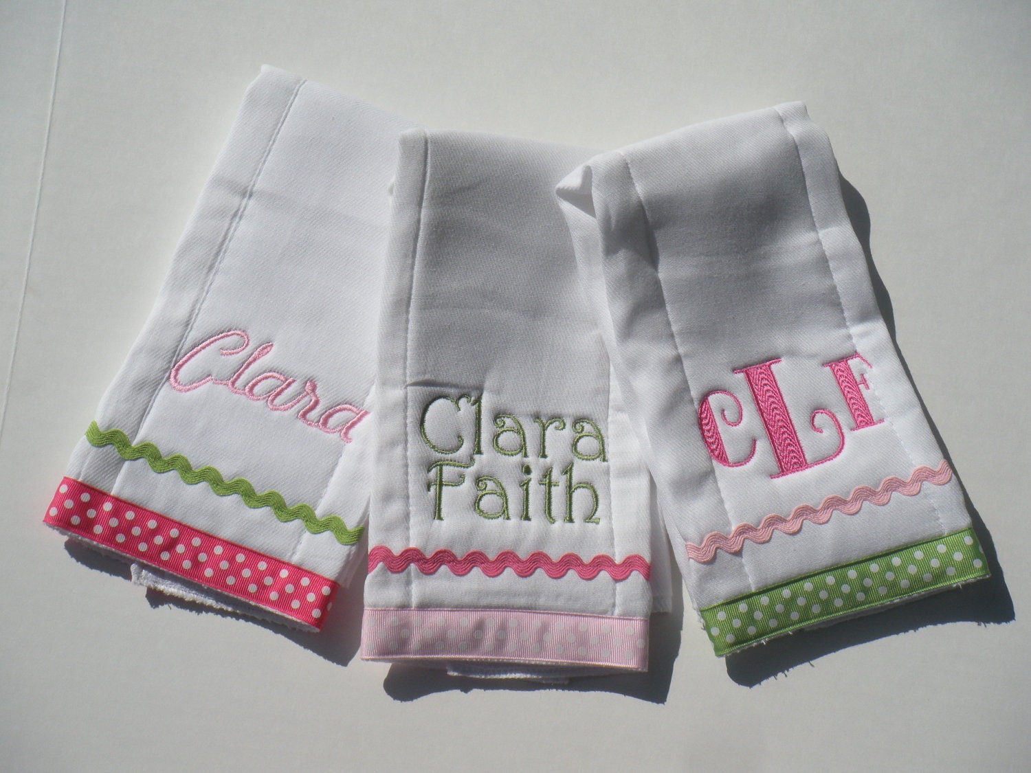 Personalized Burp Cloth Set -Pink and Green Dots- (set of 3)