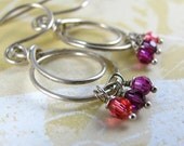 TRINITY coral purple fuschia swarovski earrings, sterling silver loops, swarovski round crystals, wirewrap metalwork jewelry