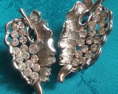 Vintage BSK MAd Men Style Leaf Pave Crystal Silver Tone Earrings Rockabilly Fashion