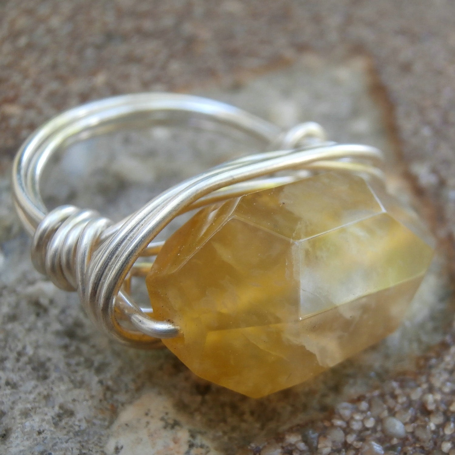 Chunky Ring, Agate Ring, Silver Cocktail Ring - SHOWY and Organic Honey Yellow Ring
