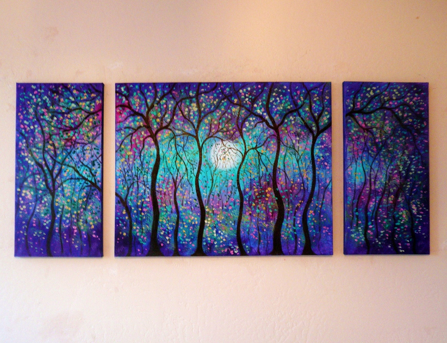 Large Commission -Original oil  Painting contemporary modern abstract- Springtime Moon -by Vadal-54' tryptict'
