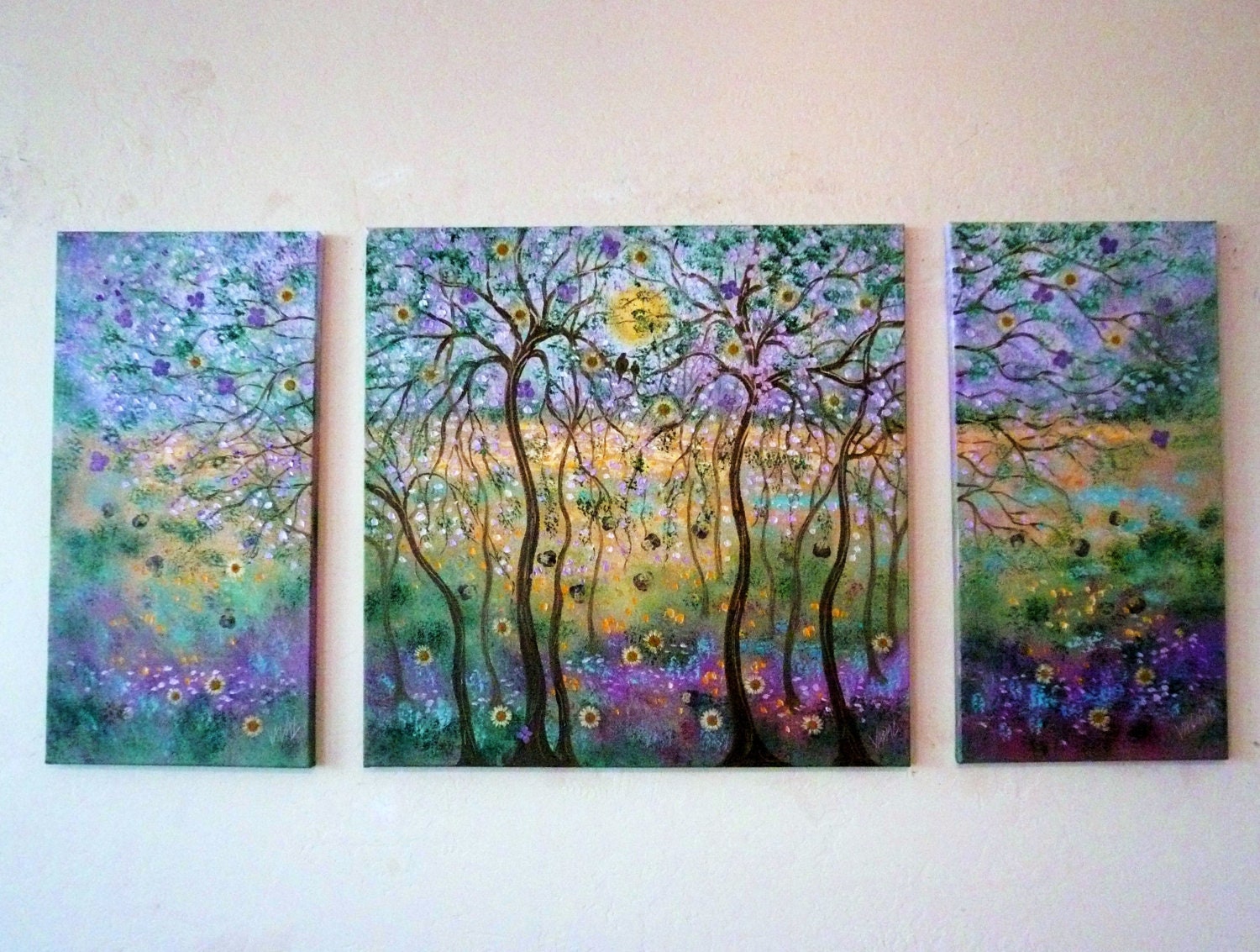 X -Large Original oil  Painting modern contemporary abstract Sunny Meadow and lovebirds-by Vadal-48'