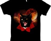 Cat t-shirt, dracula tee, space tshirt, geekery, black cat, moon tee, bowtie, Mens Black Tee
