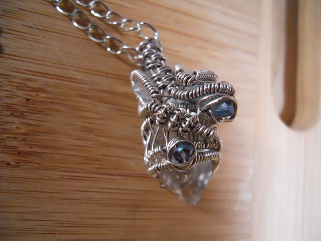 Gemstone Alliance Pendant Clear Tibetan Quartz Point Tumbled Blue Topaz Stone Aqua Aura Mystic Wire Wrapped in Titanium Parawire