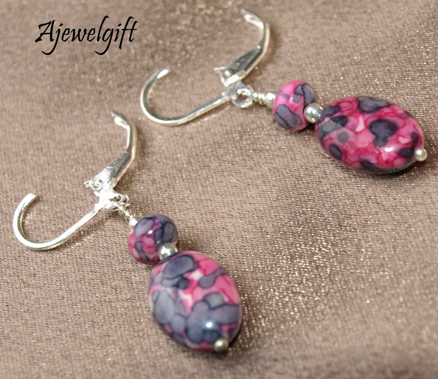 Pink and Black Marbled Eearrings 12088