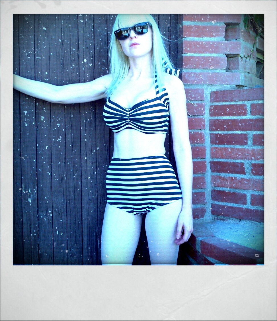 Black and White Stripe Retro Pin up bikini swimsuit size xs-xl