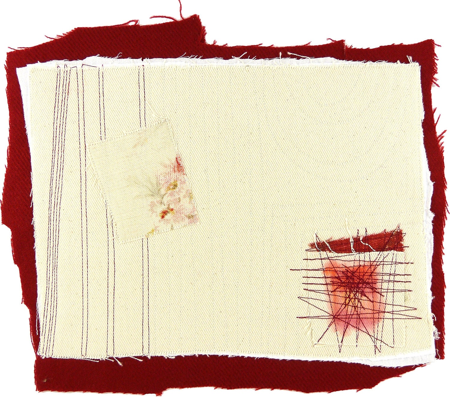 11.14.2012 small art quilt, contemporary, abstract, textile drawing, haiku, white, off-white, crimson, red, pink, peach, ink drawing