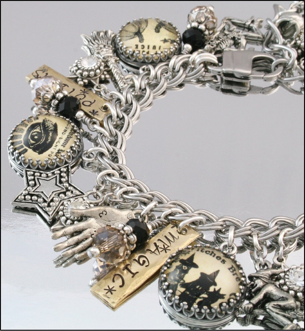Halloween Jewelry, Silver Charm Bracelet, Moonbeams Magic Shoppe Charm Bracelet, Wiccan Charm Bracelet