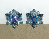 Something Blue Rhinestone Earrings Vintage BeauJewels Aurora Borealis Flower 1950s Clip