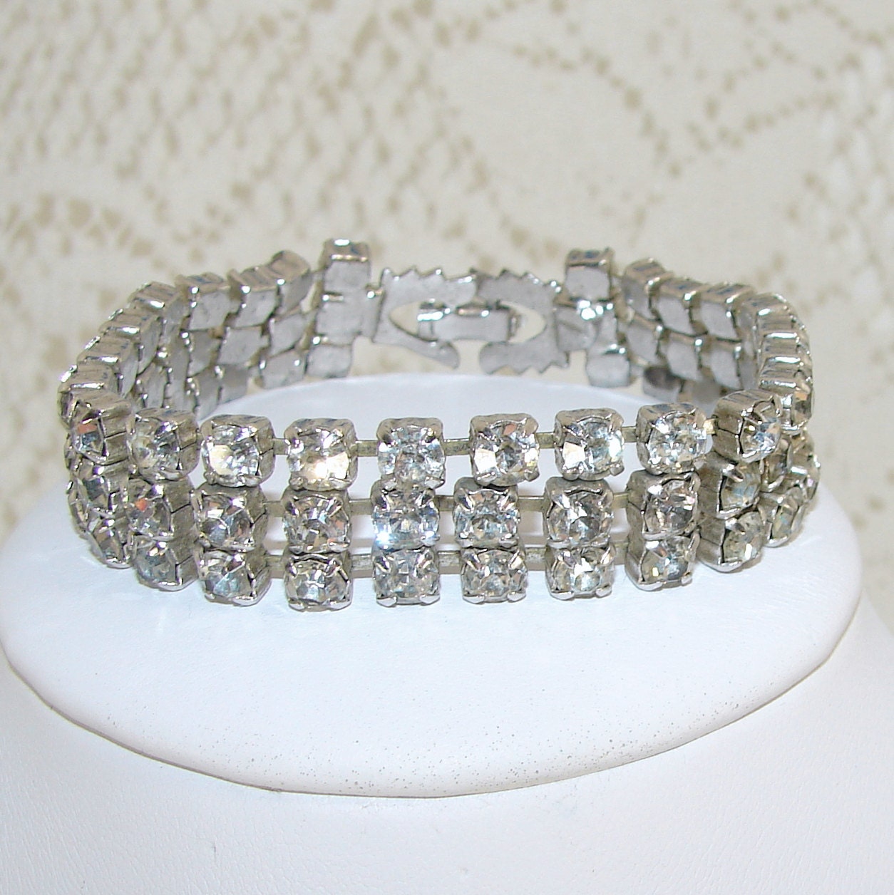 Vintage Bracelet 3 Row Rhinestone Jewelry Wedding Bridal Formal Cuff Small Medium Length