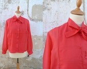 Vintage 1960 red semi sheer secretary blouse 60s ascot blouse necktie size S/M