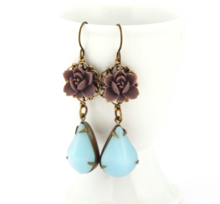Shabby Chic Earrings Gorgeous Chocolate Brown Flower and Pale Blue Vintage Jewel Earrings - Romantic and Feminine, Drop Earrings