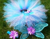 Girls Tutu and Fairy Wings Set - Blue Lavender - Spring Parade - sewn 11'' pixie tutu, handmade wings, flower headband - sizes up to 5T