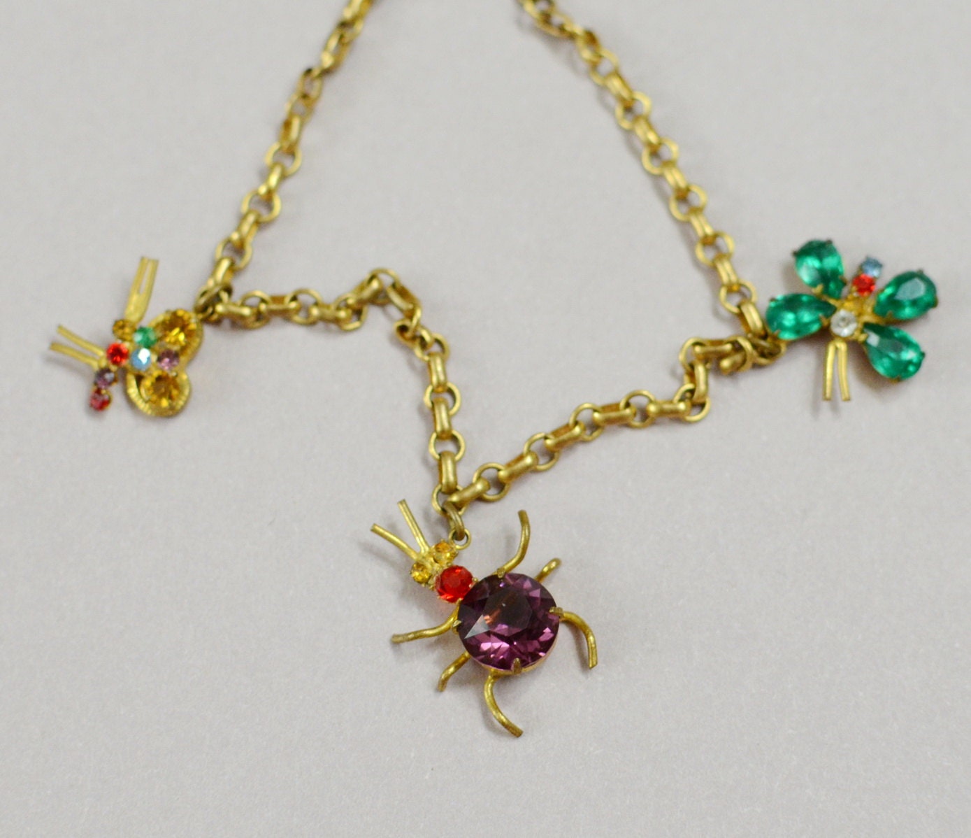 1930s Charm Bracelet Rhinestone Insects Bug Butterfly